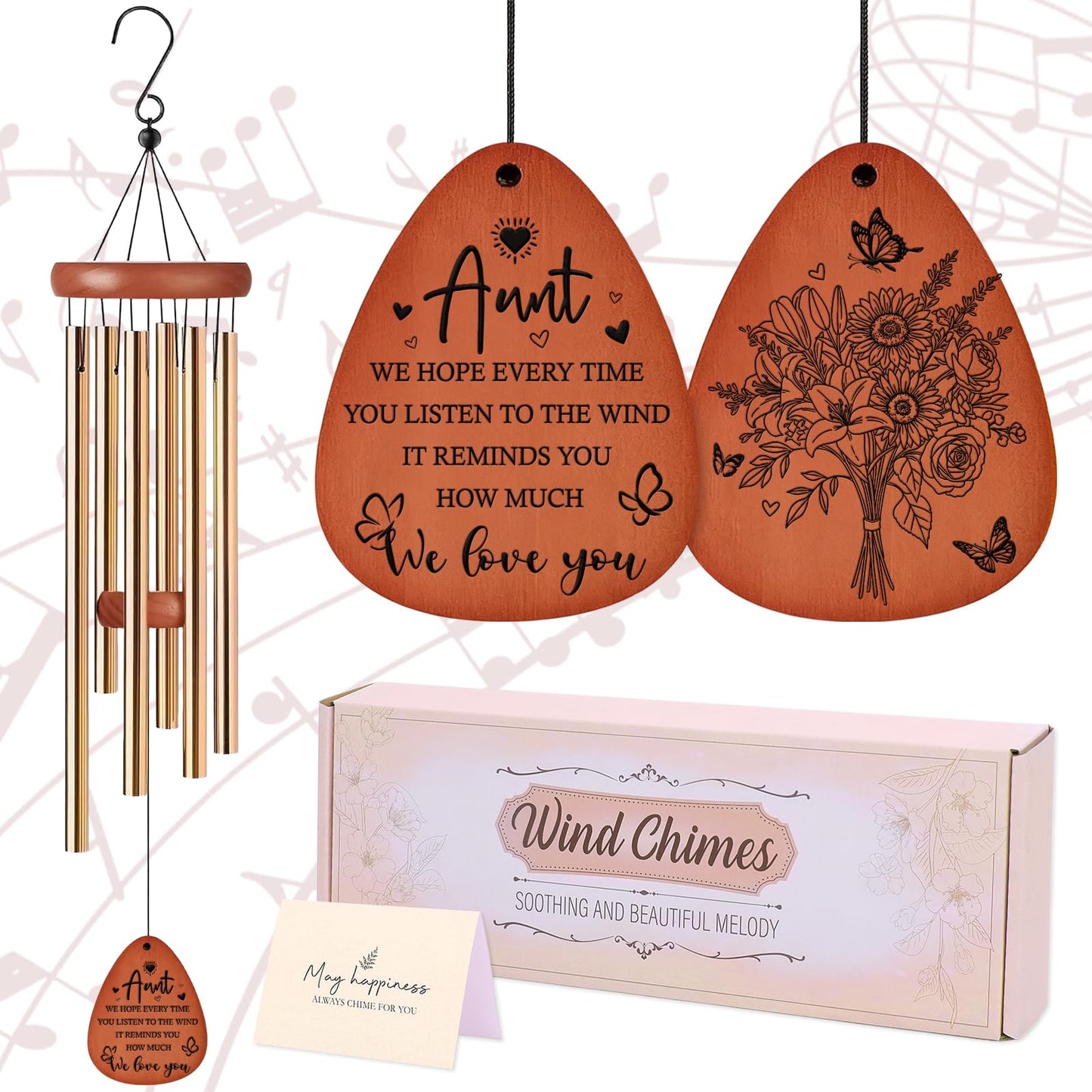 Aunt Gifts Wind Chimes - Metal Windchimes with Card Indoor Outdoor Hanging Decor for Garden Patio Yard Balcony Backyard Appreciation Christmas New Year Birthday Gift for Aunts from Niece
