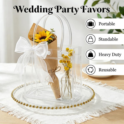 MAQIHAN Clear Gift Bags with Handles - 10 Party Favor Candy Bags, Plastic Goodie Bags Transparent, bolsitas, for Valentines, Mother's Day, Christmas, Baby Shower, Wedding, Birthday, Mini 5.9'' x 6.3''