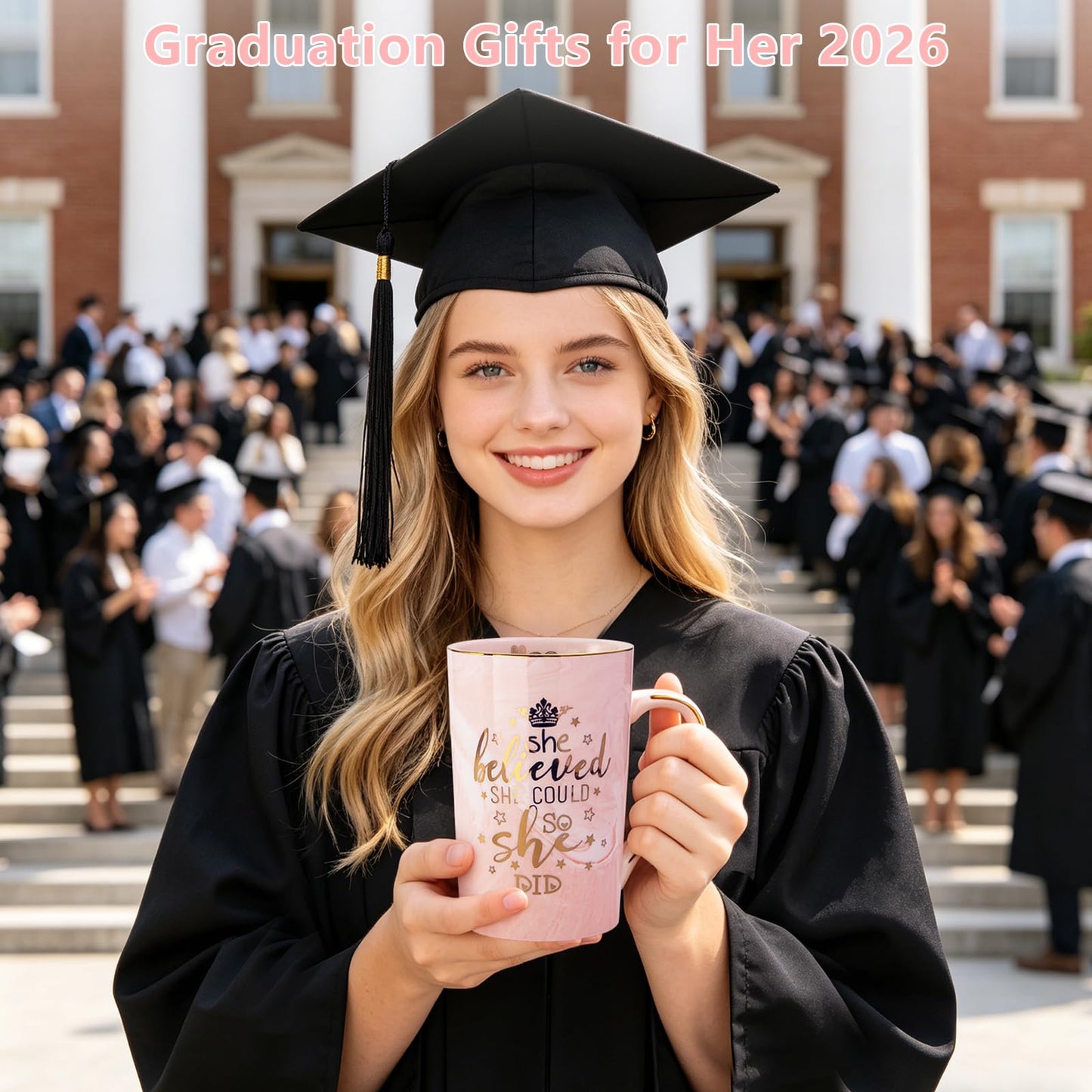 Graduation Gifts for Her 2026 - She Believed She Could So She Did Mug - Valentines Spiritual Motivational Congratulations Gifts for Women, 14oz Pink Ceramic Marble Gold Print Coffee Cup, Nicely Boxed