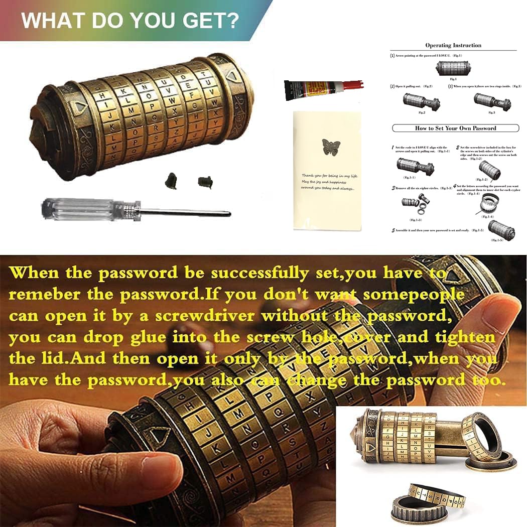 Unique Valentines Gift Cryptex Da Vinci Code Mini Cryptex Lock Puzzle Boxes with Hidden Compartments Heavy Real Metal Novelty Birthday Gifts Big Enough for Notes,Paper Money,Rings,Jewelry (Bronze)