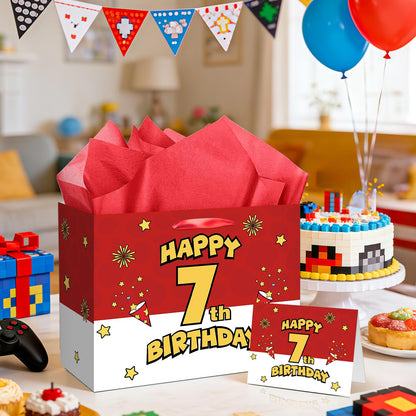 7th Birthday Gift Bag for Boys Red and White Comic Style Wrapping Paper Bag with 3 Sheets Tissue Paper Greeting Card for 7 Year Old Kids Birthday Party Decorations Gamer Themed Party Supplies