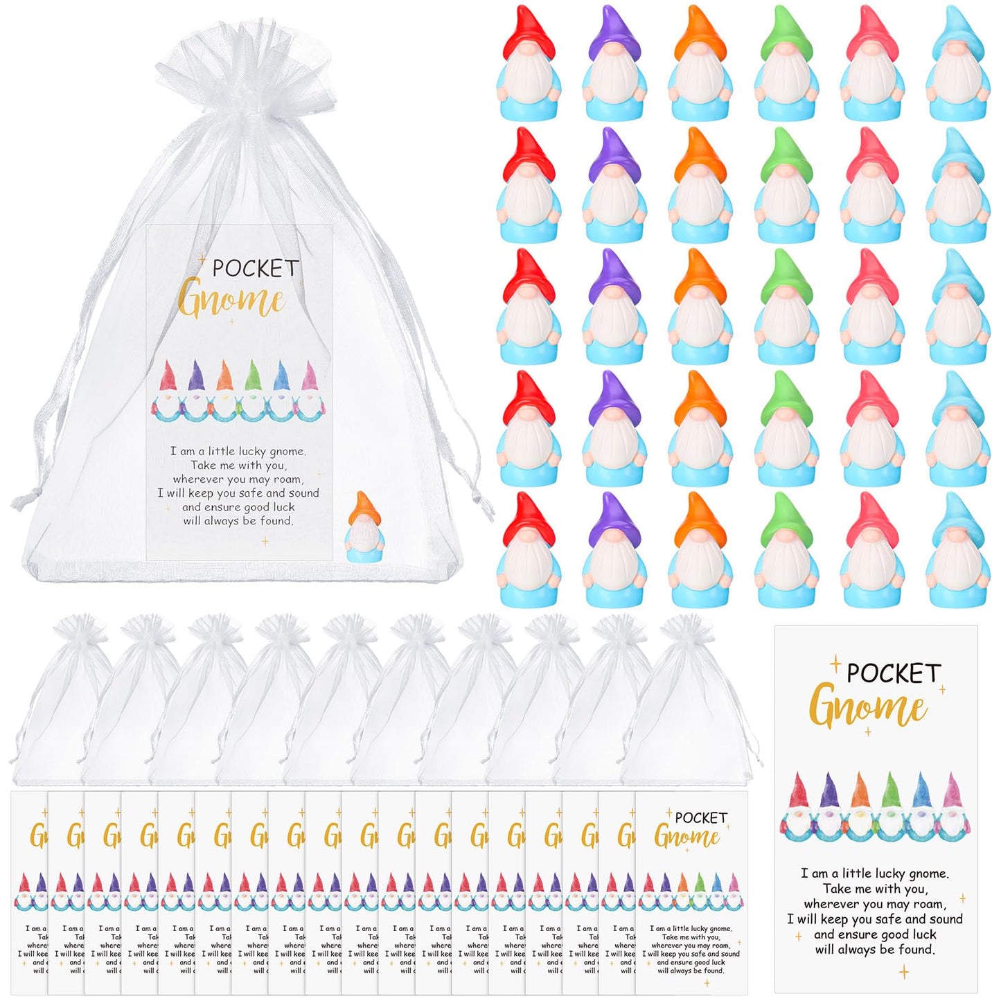 Silipull 30 sets Good Luck Gifts Bulk - Mini Resin Gnome Charms with Story Cards & Organza Bags - Teacher Appreciation Gifts Graduation Party Favors Pocket Tokens for Teacher Nurse Friends Coworkers