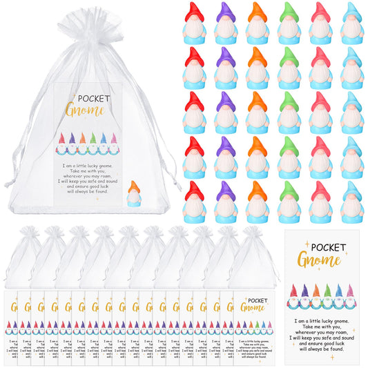 Silipull 30 sets Good Luck Gifts Bulk - Mini Resin Gnome Charms with Story Cards & Organza Bags - Teacher Appreciation Gifts Graduation Party Favors Pocket Tokens for Teacher Nurse Friends Coworkers