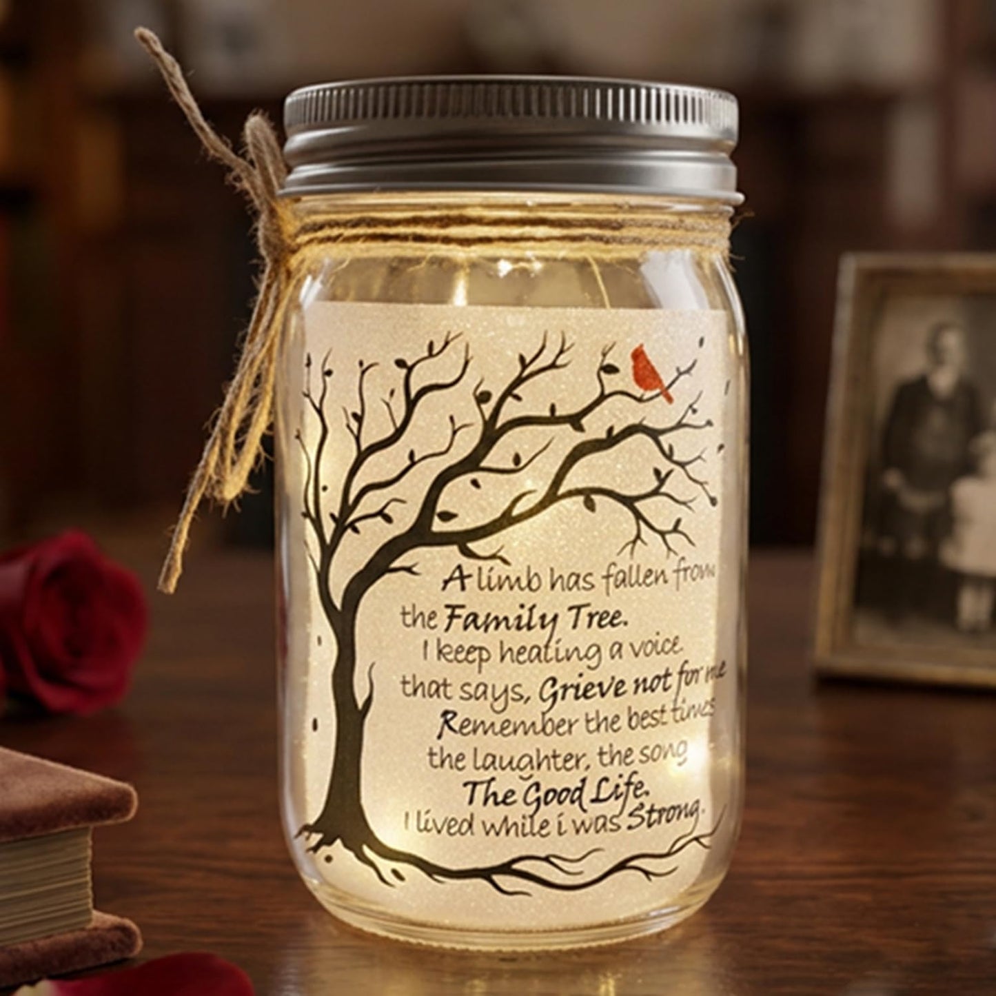 Memorial Gifts Mason Jar Light, Red Cardinal - Memory Gifts for Loss Loved Ones, Bereavement Gift Idea, A Limb Has Fallen From Our Family Tree (Red Cardinal)