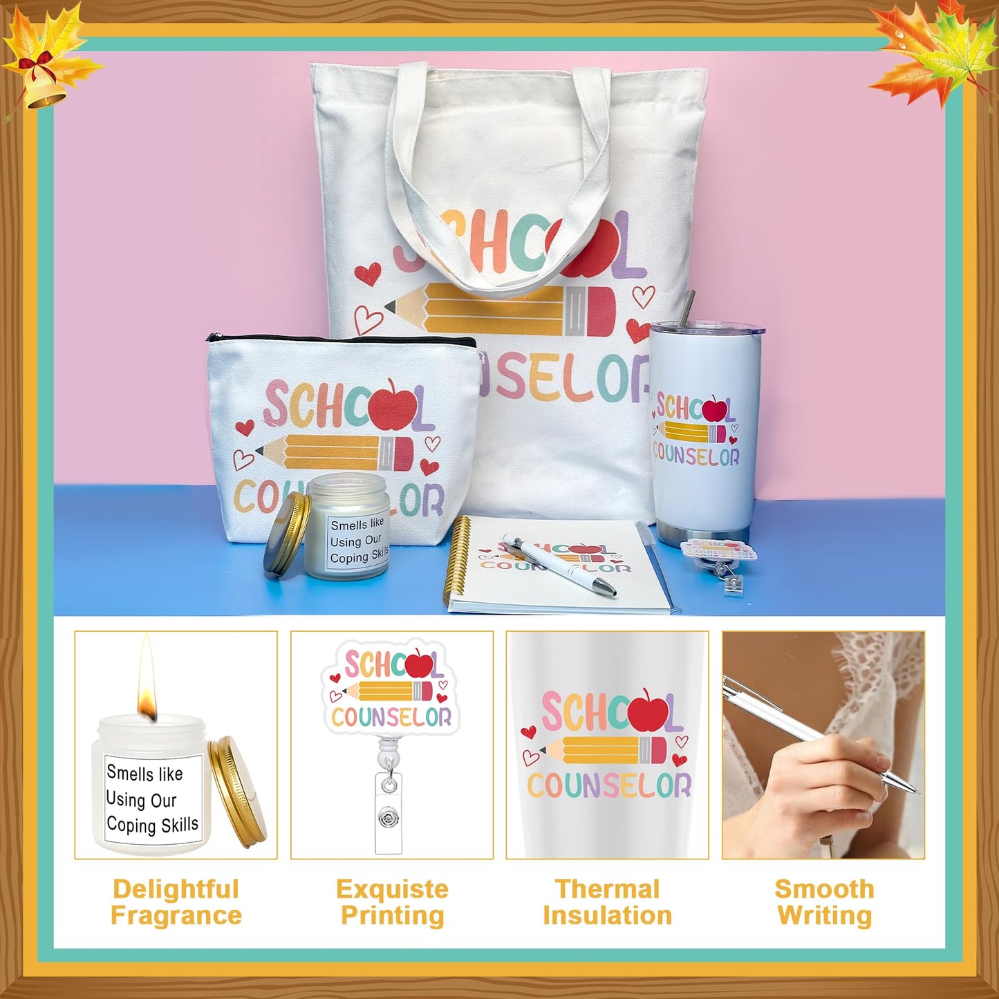 8 Pcs Graduation School Counselor Appreciation Week Gift Set Guidance Counselor Thank You Gifts Include Makeup Bag Canvas Notebook Pen Keychain Tumbler for High School Teacher Educator Office Work