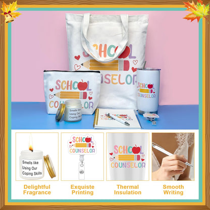 8 Pcs Graduation School Counselor Appreciation Week Gift Set Guidance Counselor Thank You Gifts Include Makeup Bag Canvas Notebook Pen Keychain Tumbler for High School Teacher Educator Office Work