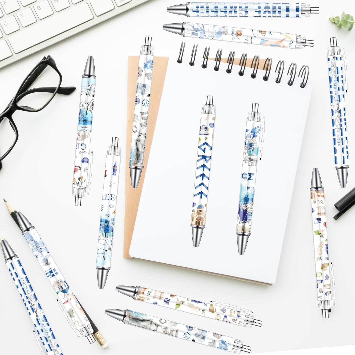 Wxiben Greece Ballpoint Pens Gifts - 24PCS Greece Travel Pens Set Greece Souvenirs Gift Retractable Smooth Writing Greek Civilization Pens for Office School Supplies for Women Traveler Teacher Gift