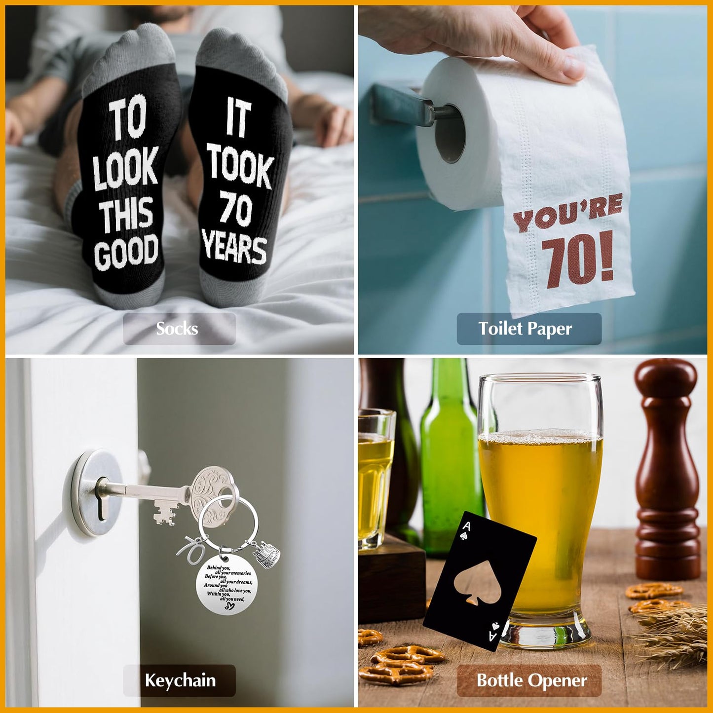 70th Birthday Gifts for Men Whiskey Glass Set, 70th Birthday Party Supplies with 11 Oz Whiskey Glass Coaster Stone Baseball Cap Apron Sock Toilet Paper Keychain for Him, Dad, Husband, Friends