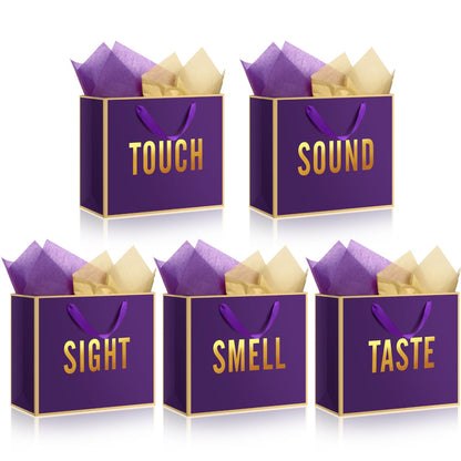 Kolldenn 5 Senses Gift Bags for Him Her Five Senses Gift Bag with Ribbon Handles and Tissue Paper Present Wrappings for Valentine Wedding Birthday Mothers Day(Dark Purple,11.8 x 10 x 4 Inch)