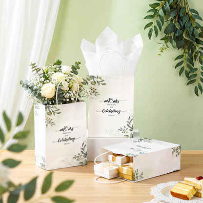 Cholemy 50 Pcs Wedding Welcome Gift Bags Bulk with Handles Thank You Kraft Paper Bags for Guests Wedding Birthday Bridal Shower Baby Shower Party Favors Supplies, 5.91 x 3.15 x 8.27 Inches
