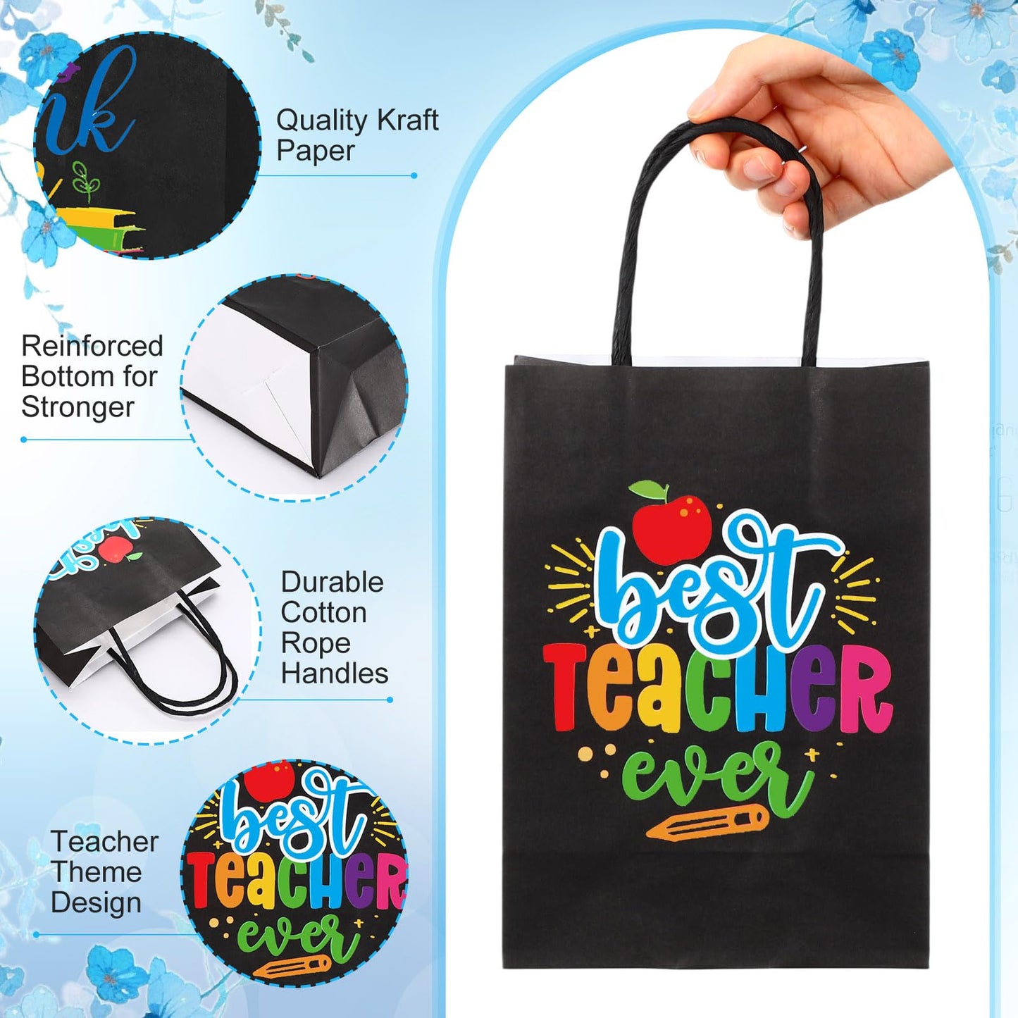 Skyygemm 60 Pack Teacher Appreciation Gift Bags with Tissue Paper Thank You Teacher Paper Gift Bags with Handle for Classroom School End of Year Christmas Party Favors(Black Color)