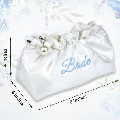 Embroidered Bride Cosmetic Bag| Creamy White Satin Something Blue Silk Makeup Bag Bling Pearl Bride To Be Purse for Bridal Shower Bachelorette Party Women Wedding Engagement Gift