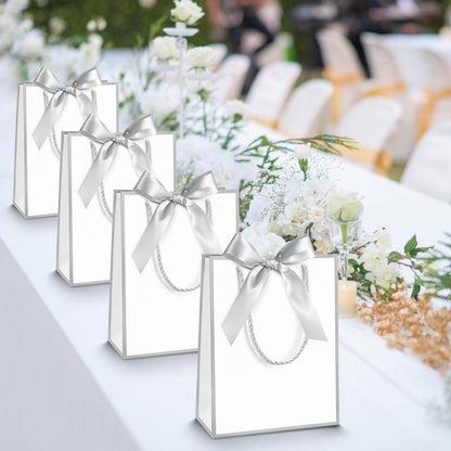 Silkfly 12 Pcs Wedding Paper Gift Bags with Handle 9x7x3.15'' Thank You Gifts Bags with Ribbon Bow Bridal Shower Gifts for Baby Shower Graduation Holiday Birthday Party Supplies (White,Silver)
