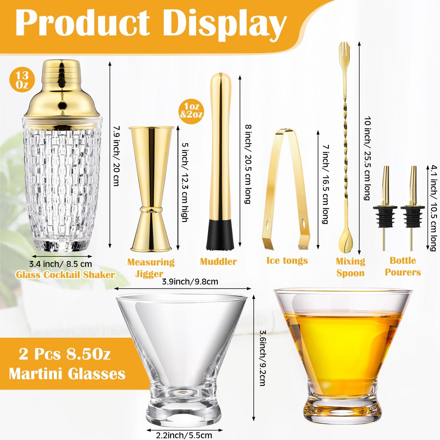 Pickmesh 9 Pcs Cocktail Shaker Set 13 oz Glass Cocktail Shaker with Built-in Strainer, 2 Martini Glasses, Shakers Bartending Drink Mixer Set Drink Mixer Gifts for Dad, Boyfriend, Husband (Gold)