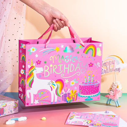WRAPAHOLIC 13" Large Unicorn Birthday Gift Bag with Card and Tissue Paper - Rainbow Foil Unicorn Paper Bags for Baby Girl Shower and Birthday
