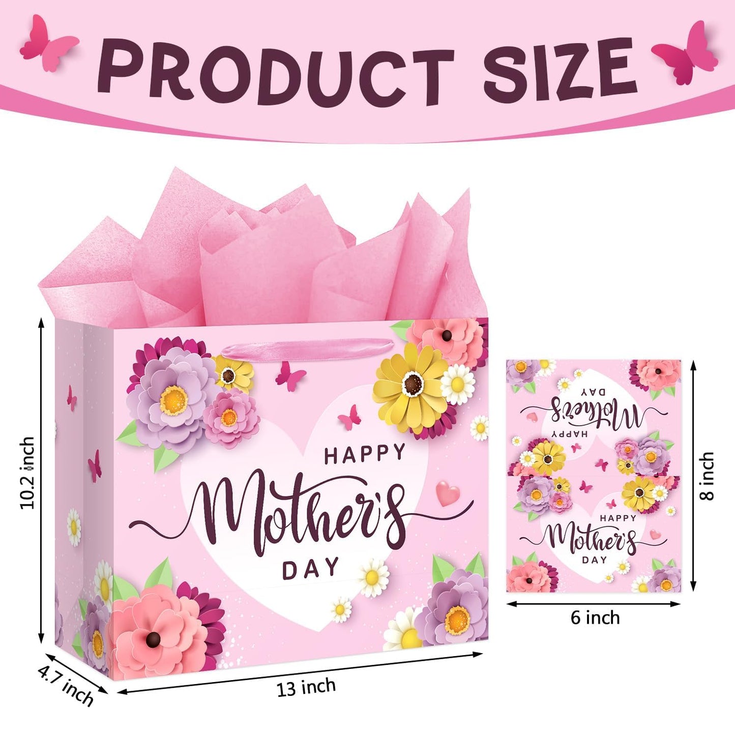 13" Happy Mother's Day Gift Bag with Card and Tissue Paper Large Pink Floral Mom's Party Paper Gift Bag Mom Present Bags with Handle Mother Parties Bags for Happy Mothers Day Party Decorations 1Pcs