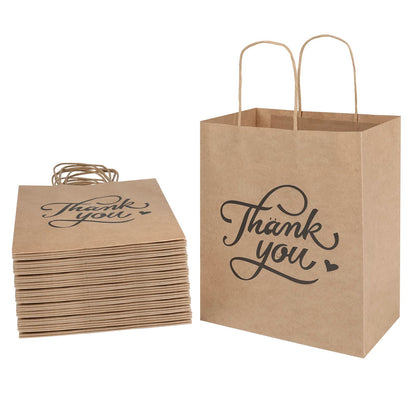 bagmad 50 Pack 8x4.75x10 Inch Medium Brown Paper Gift Bags with Handles Bulk, Thank You Kraft Paper Bags for Party Favors Grocery Retail Shopping Wedding Craft Sacks (Plain Natural, 50pcs Count)