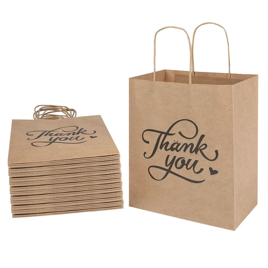 bagmad 50 Pack 8x4.75x10 Inch Medium Brown Paper Gift Bags with Handles Bulk, Thank You Kraft Paper Bags for Party Favors Grocery Retail Shopping Wedding Craft Sacks (Plain Natural, 50pcs Count)
