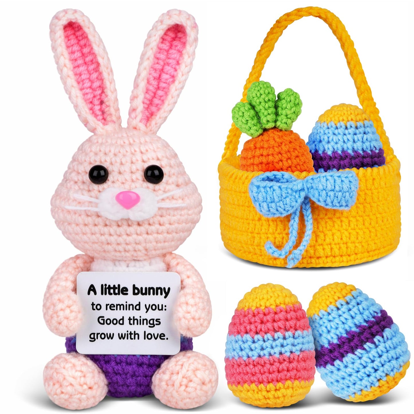 5 Pcs Finished Easter Positive Crochet Animals for Teen Girls & Adults Women, Handmade Filled Easter Basket with Crochet Bunny, Carrot, 2 Eggs, Easter Decoration Gifts Prefilled with Animal Stuffers