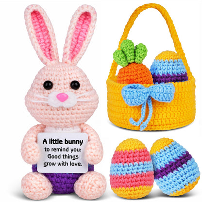 5 Pcs Finished Easter Positive Crochet Animals for Teen Girls & Adults Women, Handmade Filled Easter Basket with Crochet Bunny, Carrot, 2 Eggs, Easter Decoration Gifts Prefilled with Animal Stuffers