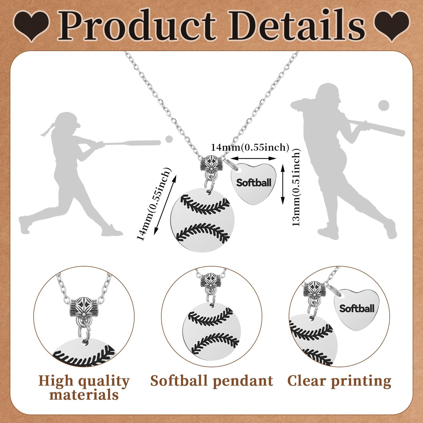 Landical 12 Set Baseball Football Softball Necklace Team Gift Bulk Sport Team Necklace for Women Sport Lovers Party Favors Inspirational Jewelry Pendant with Card and Opp Bags