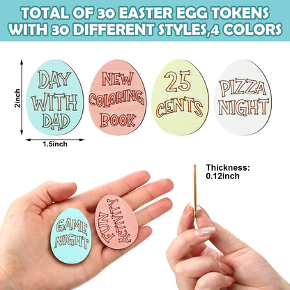 Menkxi 30 Pack Wooden Easter Egg Tokens Basket Stuffers Easter Reward Tokens with 30 Different Engraved Sayings Eggs Filled Activity for Teens Adults