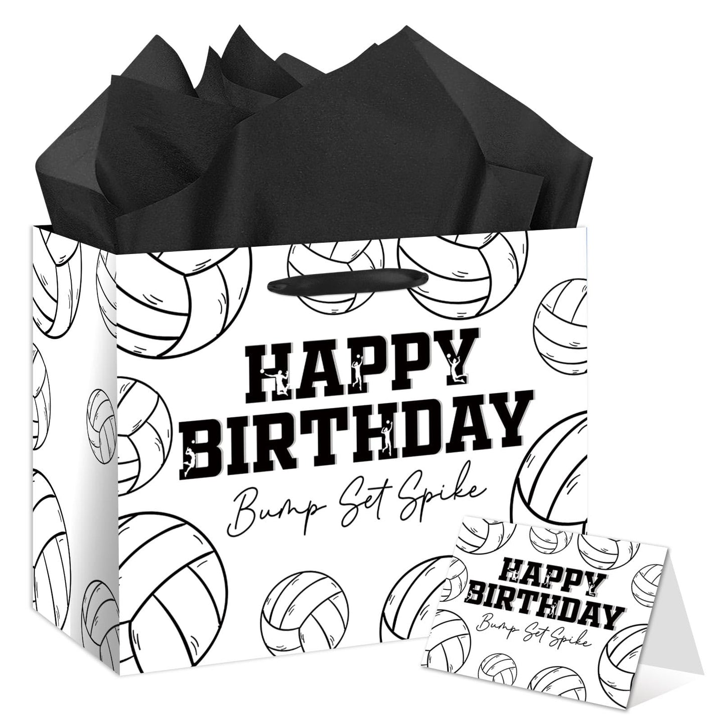 HSKMAKE Large Volleyball Birthday Gift Bag, Black White Volleyball Theme Gift Bag, with Card and Tissue Paper, Sports Party Gift Bags, for Boys, Girls, Fans, Birthday Party Favor Decorations Supplies