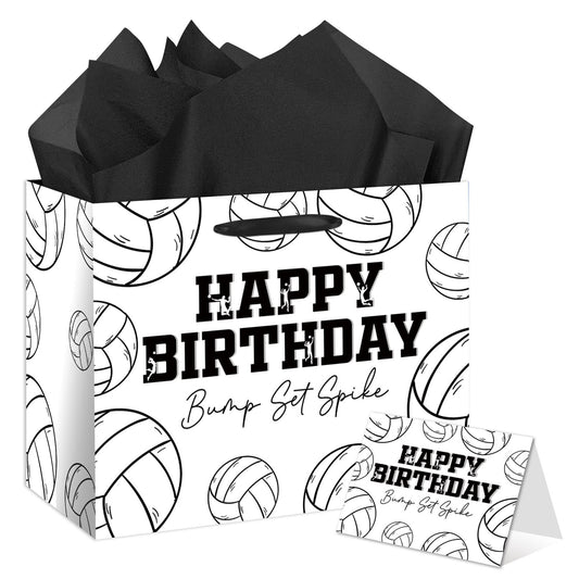 HSKMAKE Large Volleyball Birthday Gift Bag, Black White Volleyball Theme Gift Bag, with Card and Tissue Paper, Sports Party Gift Bags, for Boys, Girls, Fans, Birthday Party Favor Decorations Supplies