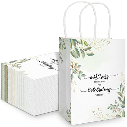 Cholemy 50 Pcs Wedding Welcome Gift Bags Bulk with Handles Thank You Kraft Paper Bags for Guests Wedding Birthday Bridal Shower Baby Shower Party Favors Supplies, 5.91 x 3.15 x 8.27 Inches