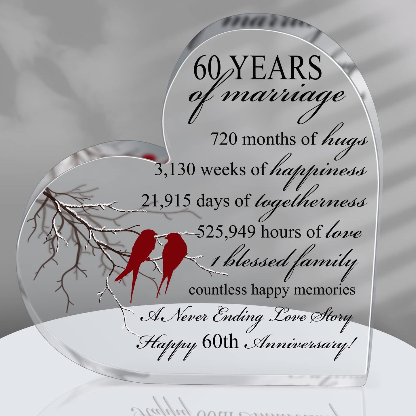 Qunclay 60th Years of Marriage Gift Wedding Anniversary Souvenir Heart Marriage Keepsake Decoration Present for Couple Parent Women Mom Husband Wife He She Friend Grandparents