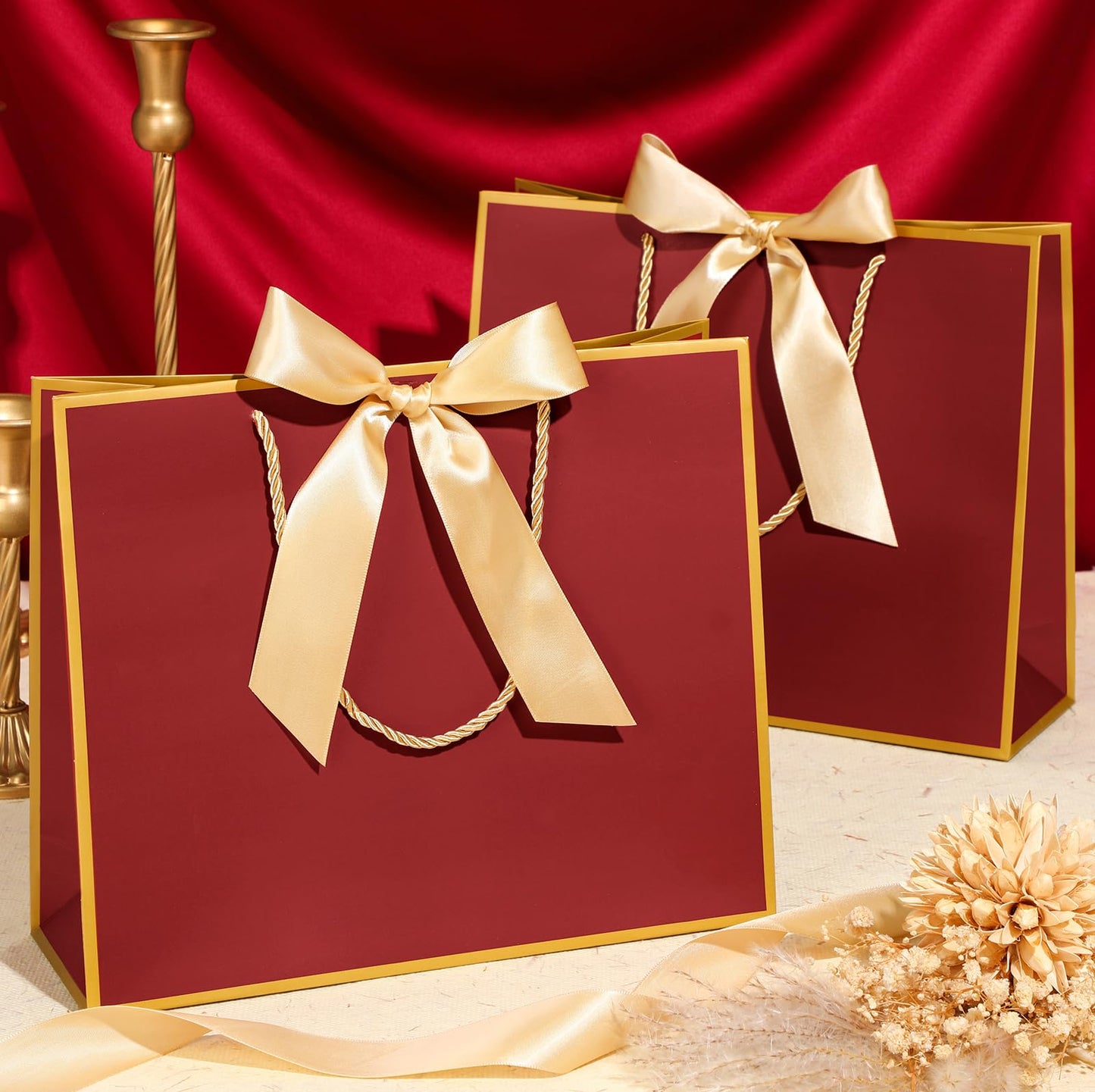 Silkfly 12 Pcs Gift Bags with Handles for Bridesmaid, 12x10x4'' Wedding Welcome Elegant Gift Bags with Bow Ribbon for Graduation Groomsmen Women Baby Shower Birthday Housewarming (Burgundy Red)