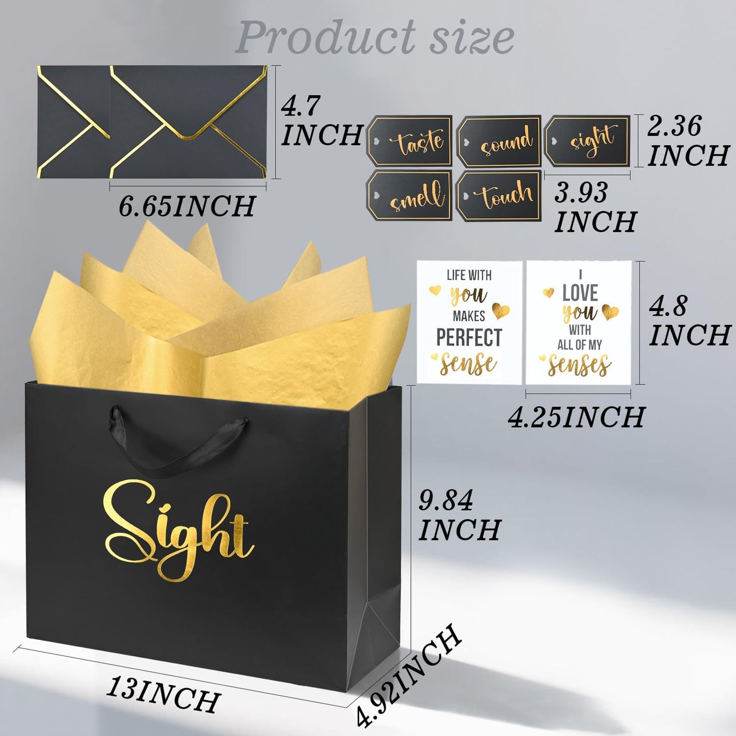 Nimbbex 13'' Large 5 Senses Gift Bags for Him Her with Labels Envelopes and Cards, Gold Foil Five Senses Gift Bags with Tissue Handle for Birthday, Anniversary, Mother's Day, Valentine's Day (Black)