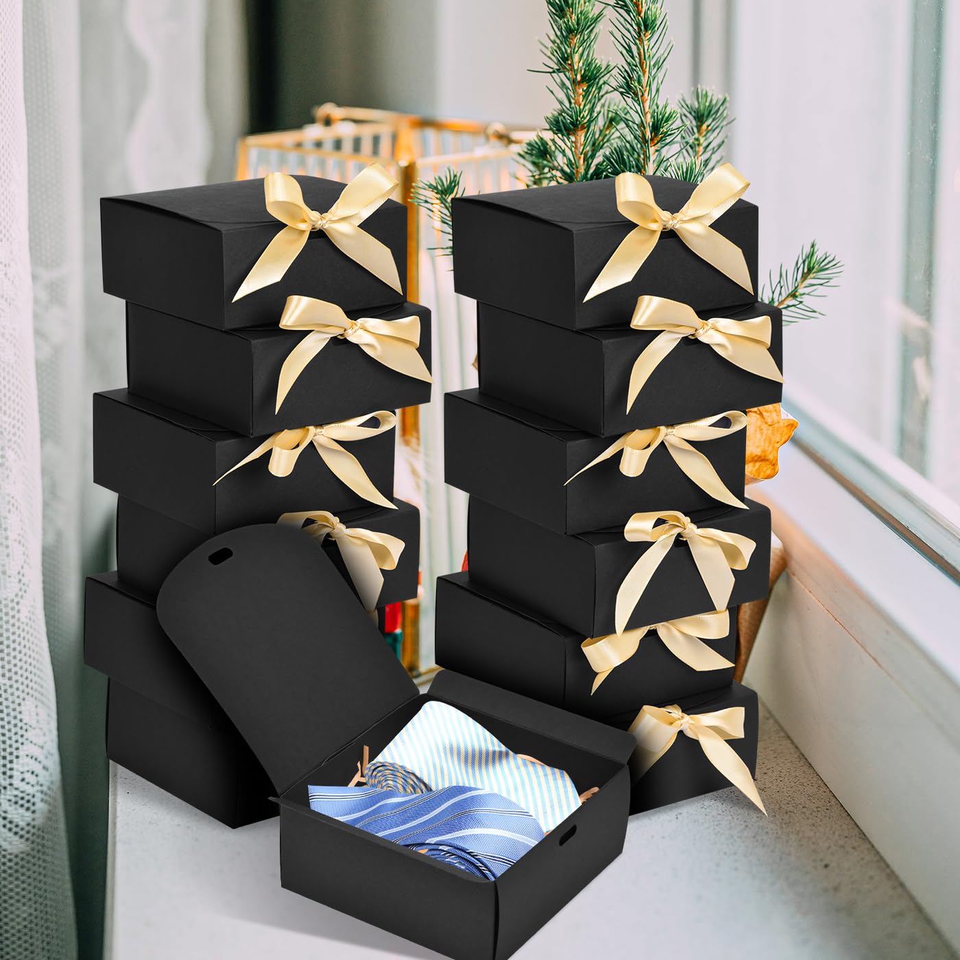 WLUSEAXI 12pack Small Gift Boxes with Lids for Presents, 4.5''x4.5''x2'' Black Gift Boxes with Ribbons, Party Boxes for Packaging Wedding, Present, Birthday, Holiday, Galentine's Day