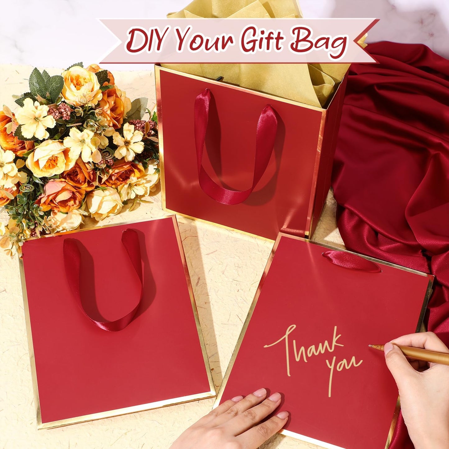 Yeaqee 24 Pack Metallic Paper Gift Bags with Handle and Tissue 9x7x3.1 Gold Foil Welcome Thank You Favor Bags Return Gifts for Wedding Mothers Graduation Bridesmaid Birthday(Burgundy Red and Gold)