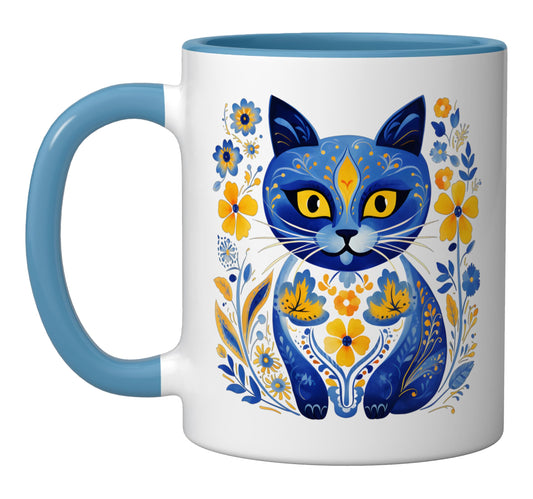 Ukraine Cat Floral Vintage Ukrainian Flag Vyshyvanka Style Ceramic Mug, Blue/White