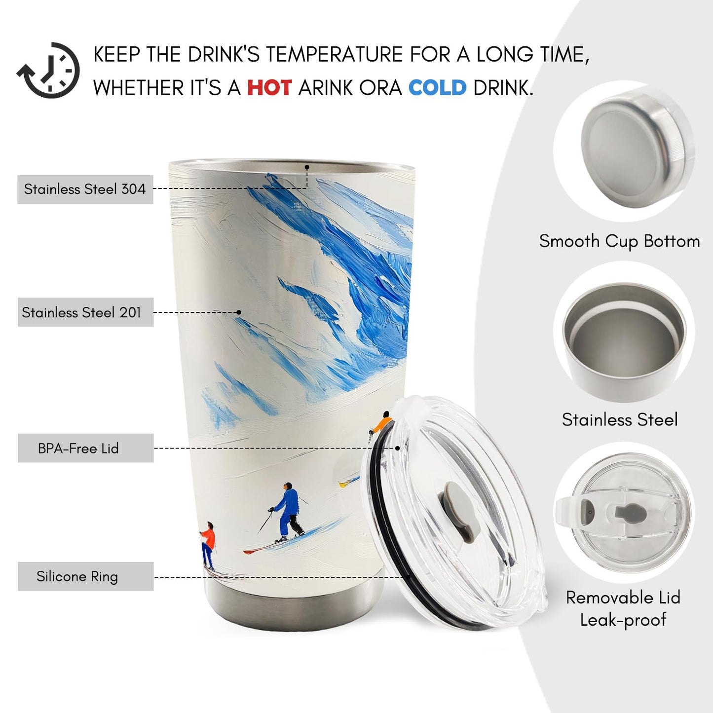 Winter Skiing Skier 20oz Travel Coffee Mug Tumbler, Christmas Ski Skiing Gifts for Skiers Men Women, Winter Skier Gifts, Skiing Christmas Water Stainless Steel Tumbler with Lid and Straw