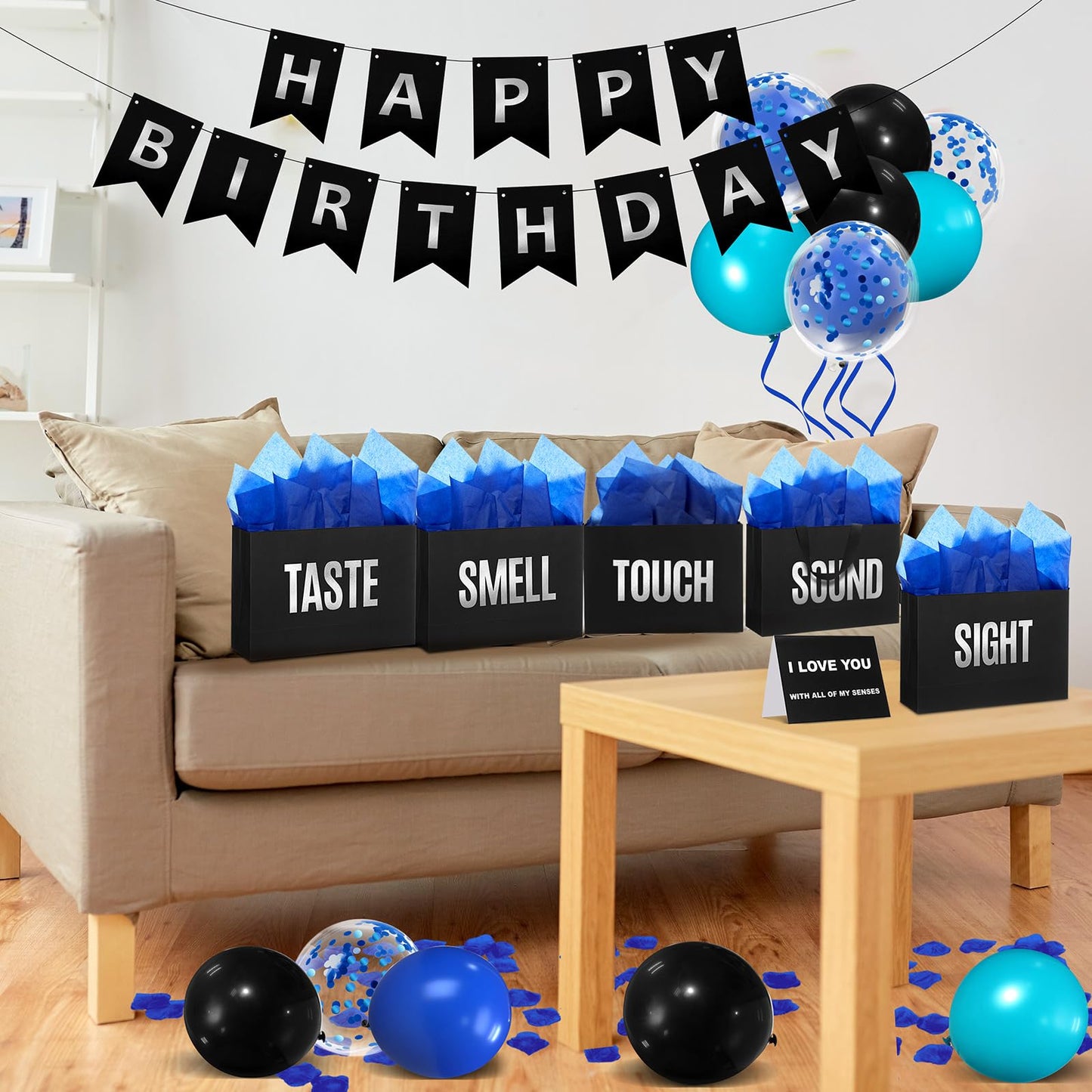 Soulchen 5 Senses Gift Bags for Him Her with Labels, Five Senses Gift Birthday Party Decoration Tissue Paper Handles, Comes with Rose Petals Banner Balloons for Party(Birthday,Blue Black)
