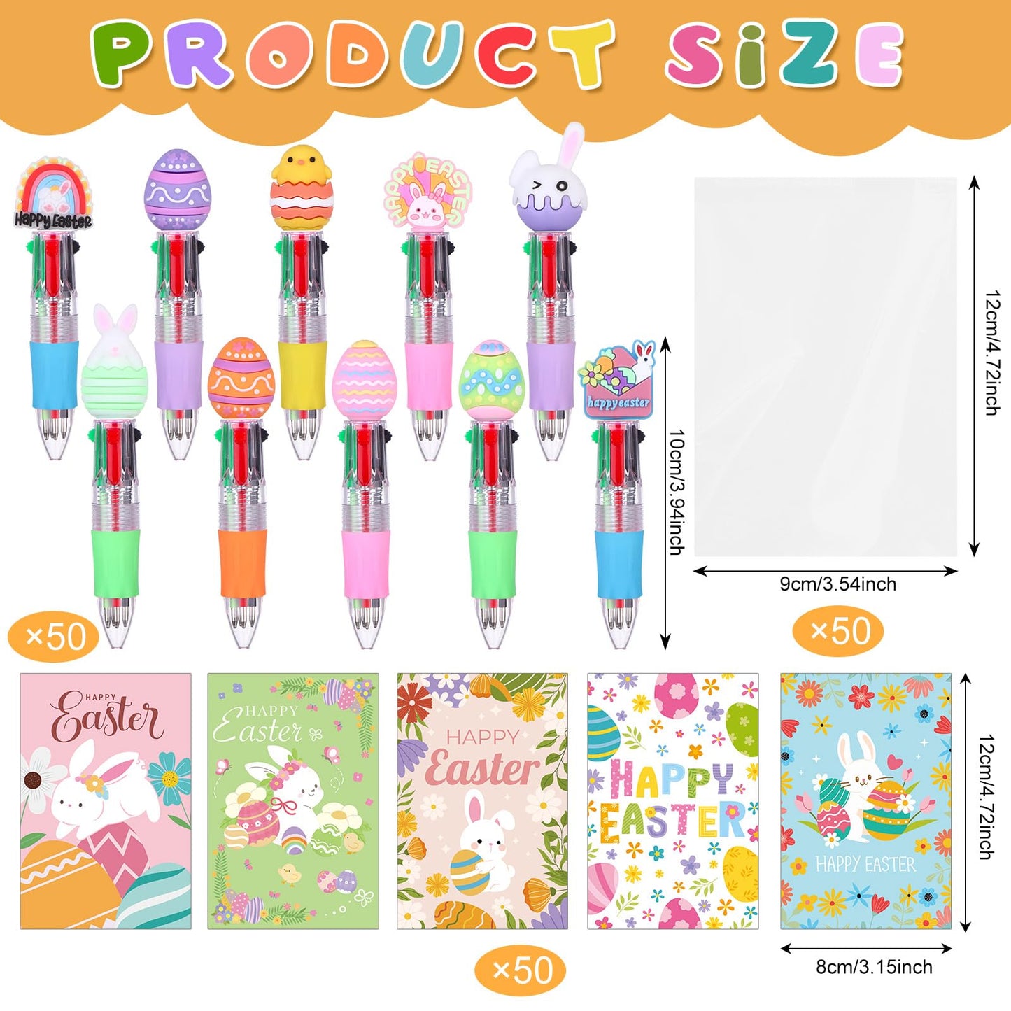 50 Sets Easter Pens Gifts Bulk Cartoon 4 in 1 Multicolor Ballpoint Pens with Greeting Cards 0.7mm Cute Bunny Egg Pens for Easter Party Favors Basket Goodie Bag Stuffers Students Reward Classroom Gifts