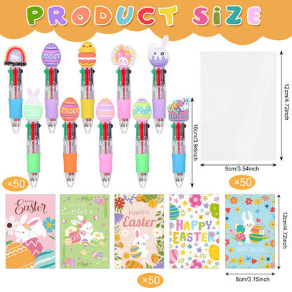 50 Sets Easter Pens Gifts Bulk Cartoon 4 in 1 Multicolor Ballpoint Pens with Greeting Cards 0.7mm Cute Bunny Egg Pens for Easter Party Favors Basket Goodie Bag Stuffers Students Reward Classroom Gifts