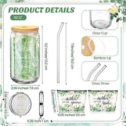 Hushee 2 Sets Mother of the Bride and Mother of the Groom Gifts Set Includes 16 oz Glass Cups Canvas Tote Bags Cosmetic Bag Handkerchief Candle for Mom Bridal Shower Wedding Gifts(Eucalyptus)