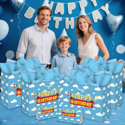 Blue Sky White Clouds Gift Bag - Extra Large Happy Birthday Bags with Card & Tissue Paper - Cheerful Cartoon Story Design for Kids Parties, Baby Showers & Celebrations