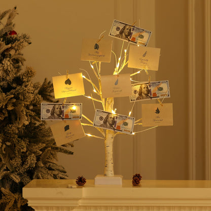 Money Tree Gift Card Holder , 24 LED Warm White Lights USB and Battery Powered, with Clips and Greeting Cards, Gift Holder Decor for Cash Photo Mother's Day Graduation Gifts