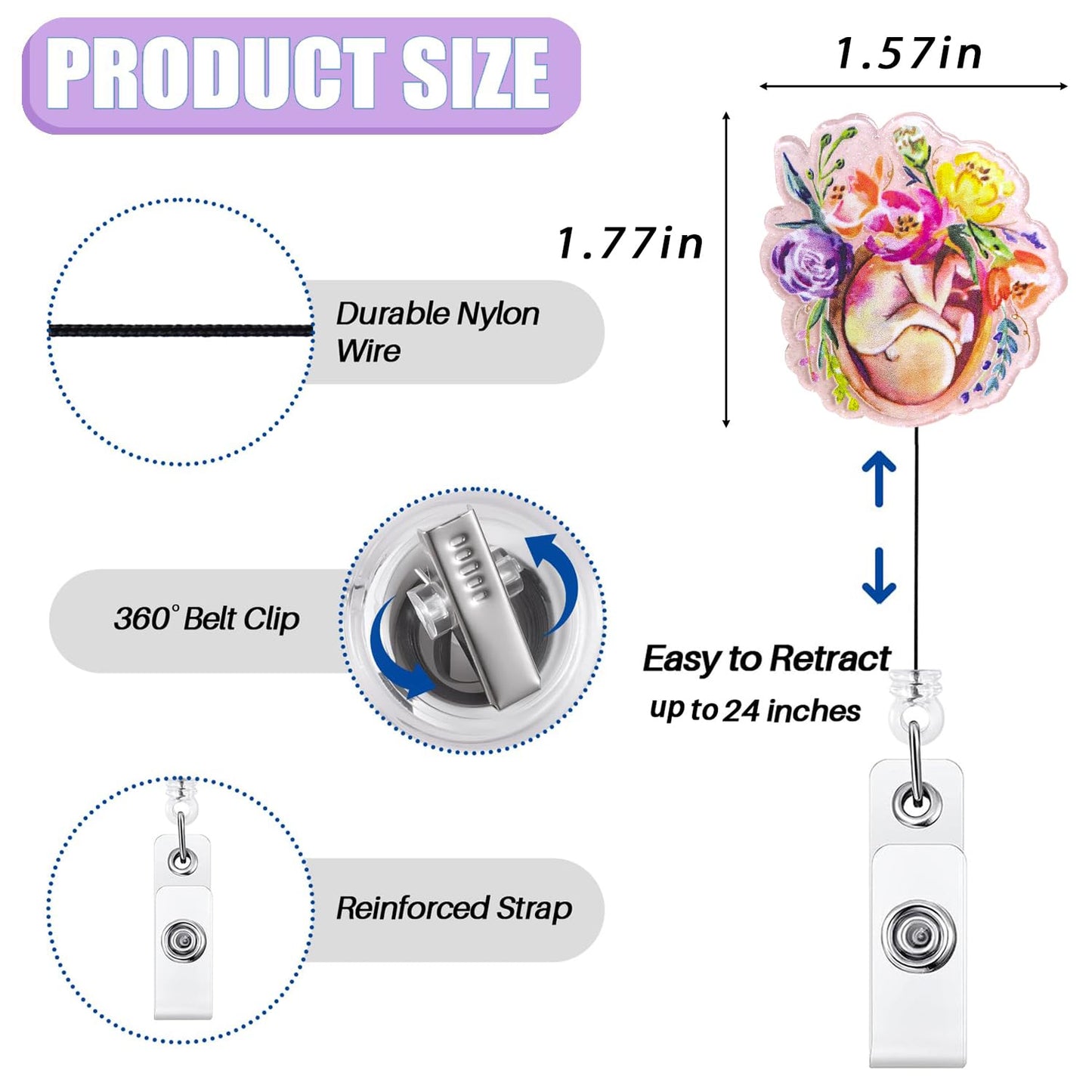 Floral Fetus L&D Badge Reel Retractable for Labor and Delivery Nurse & Midwife, NICU Badge Reel, Maternity Badge Clip, Cute OB/GYN Badge Holder with Alligator Clip & 24” Durable Nylon Cord | Acrylic