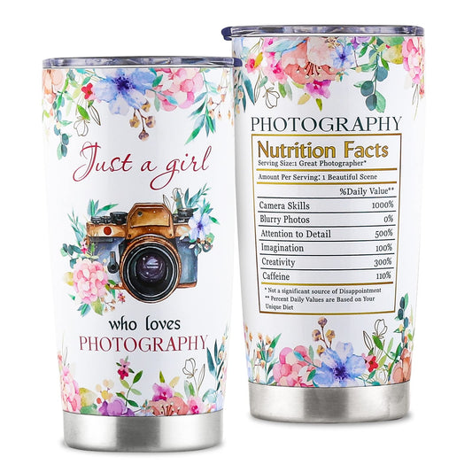 kwsnatel Photographer Gifts for Women - Just a Girl Who Loves Photography Tumbler with Lid - Birthday Gifts for Women Photographer - Traveling Cups for Her - Cute Flower Camera Coffee Mug 20oz