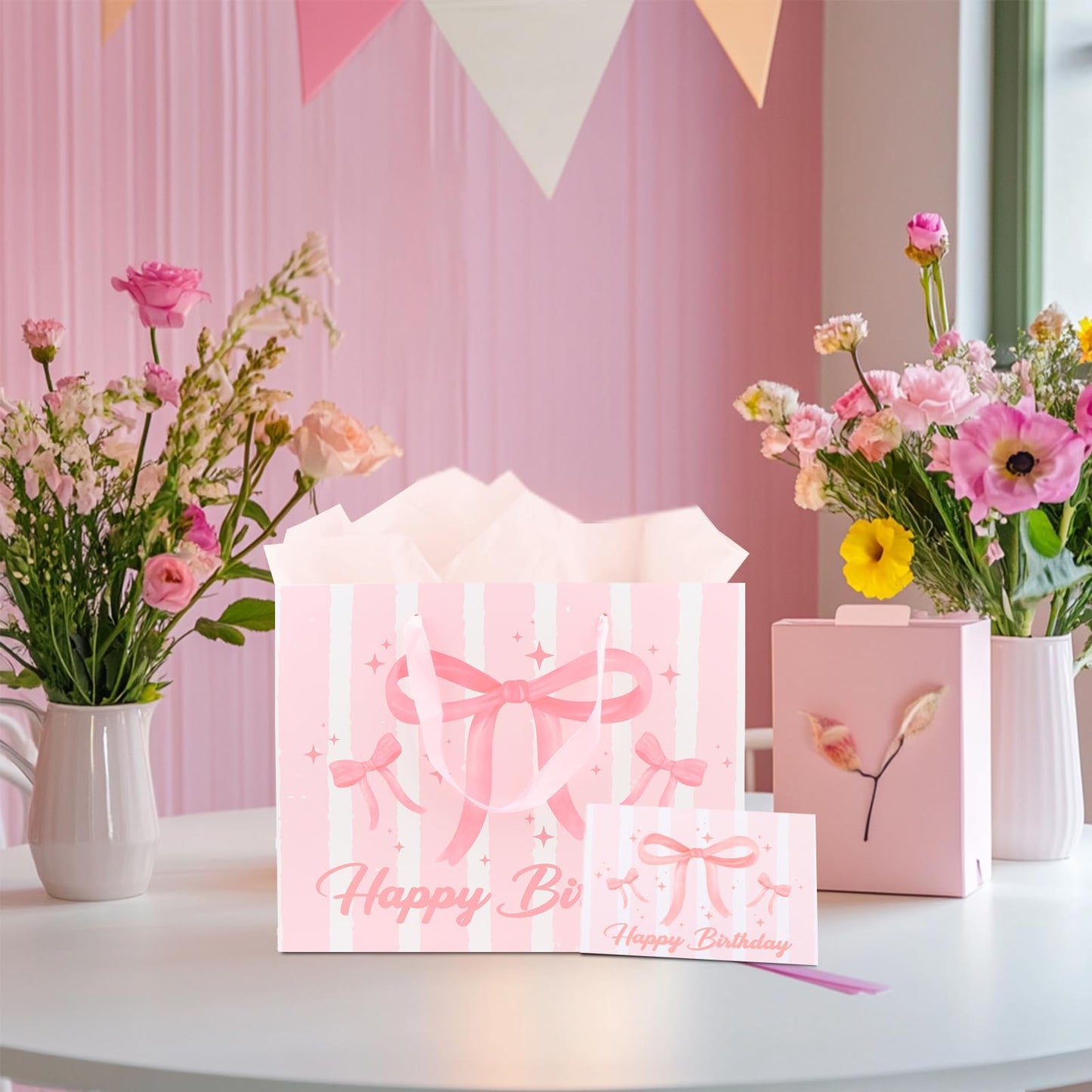 KEUKORZ Pink Birthday Gift Bag Set-Comes with Tissue Paper and Greeting Card, Large 13x10.3x5 Inch Bow Design Gift Wrapping Set, Perfect for Girls and Women