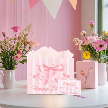 KEUKORZ Pink Birthday Gift Bag Set-Comes with Tissue Paper and Greeting Card, Large 13x10.3x5 Inch Bow Design Gift Wrapping Set, Perfect for Girls and Women