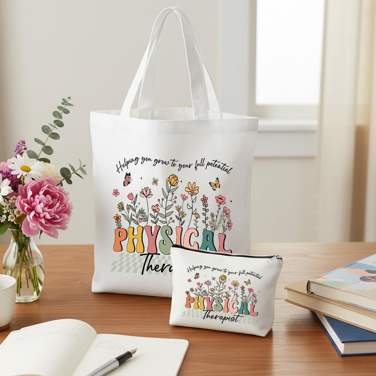 Physical Therapist Gifts for Women - 2pcs Tote Bag with Makeup Bags Set Reusable Floral Grocery Handbag and Toiletry Pouch for Work Travel Shopping Thanksgiving Christmas Birthday Gift