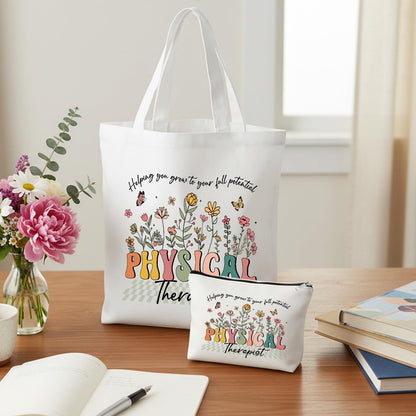 Physical Therapist Gifts for Women - 2pcs Tote Bag with Makeup Bags Set Reusable Floral Grocery Handbag and Toiletry Pouch for Work Travel Shopping Thanksgiving Christmas Birthday Gift