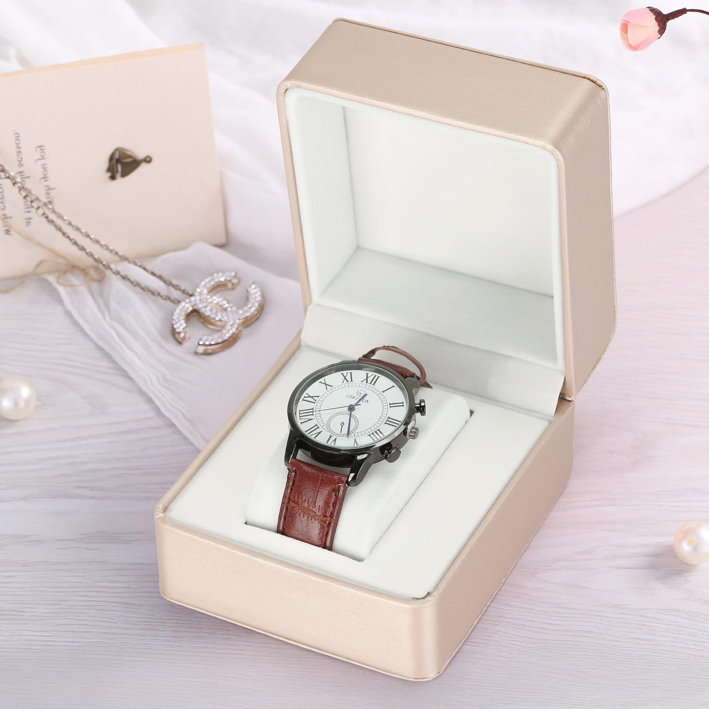PU Leather Watch Box, Compact Watch Gift Case with Pillow for Women Men, Travel Watch Holder Storage Boxes for Birthdays Anniversary Father's Day Graduations (Gold)