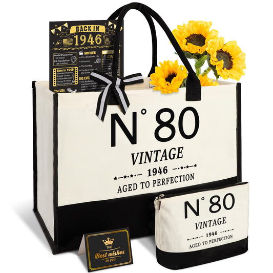 YeohJoy 80th Birthday Gifts for Women Canvas Tote Bag Travel Gear, Unique 80 Years Old Gifts for Wife Mom Sister Aunt Friends Her, Vintage N°80 Handbag & Cosmetic Bag & Back in 1946 Poster